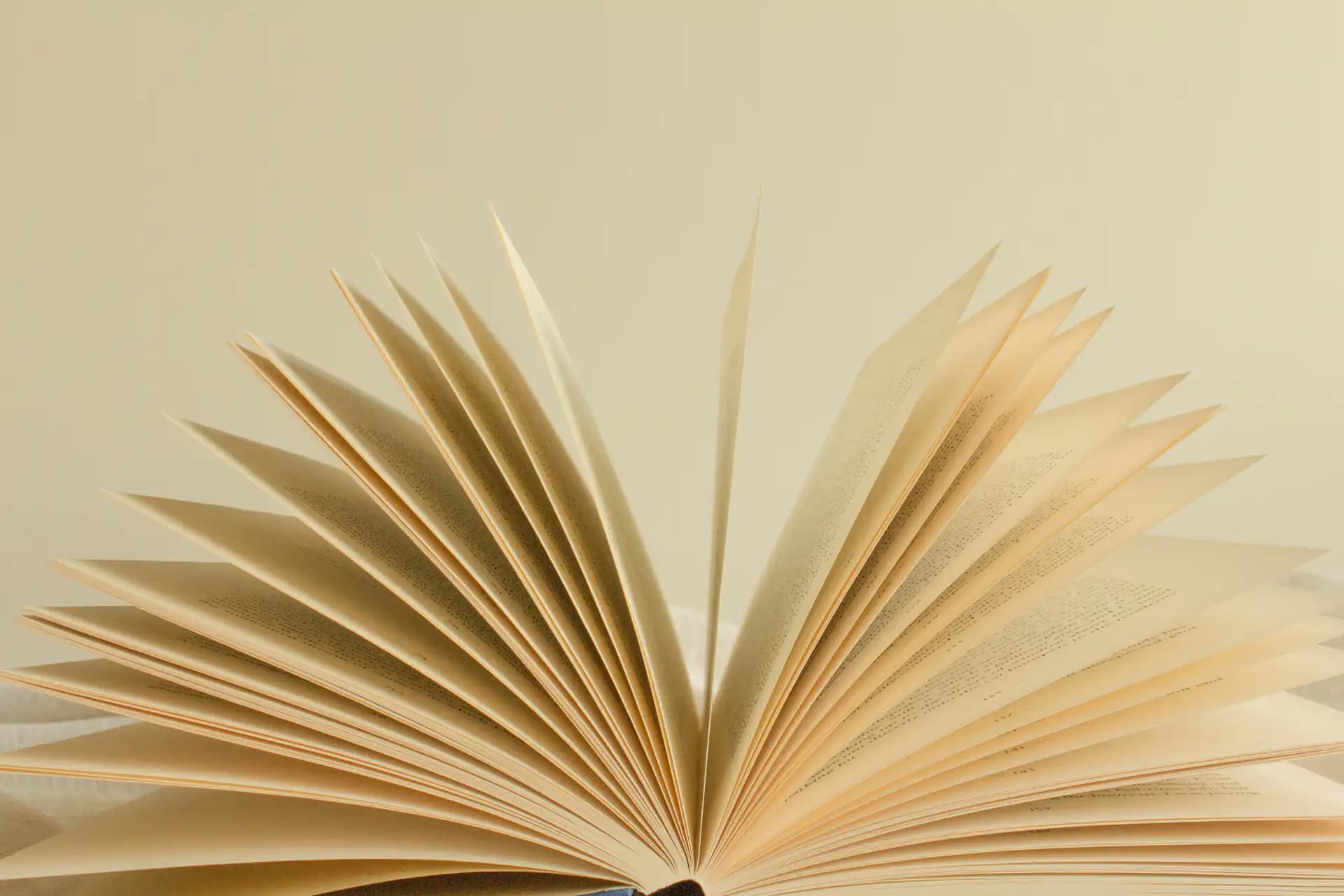 Açık renkli düz bir zemin önünde sayfaları yelpaze gibi açılmış bir kitap
